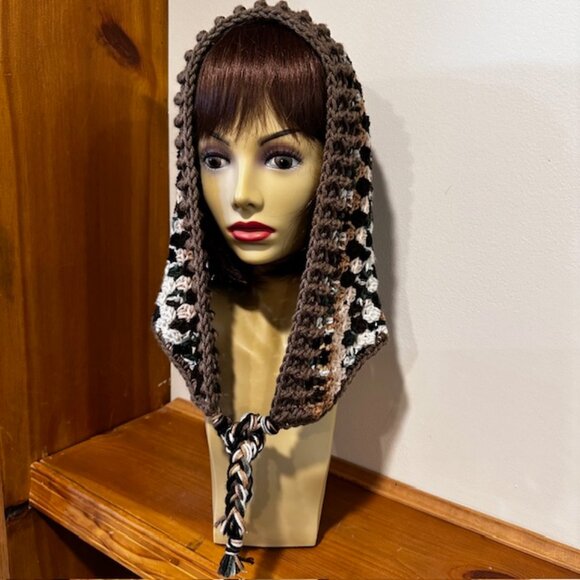 Hand Knit / Crochet Granny Style Hoodie with ties & faux fur pom pom for winte - Picture 4 of 10